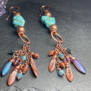 Artisan Turquoise Hand Wired Copper Fringe Dangle Earrings